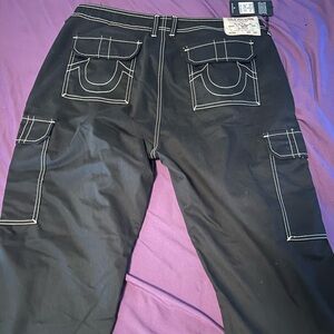 True Religion Black Cargo Pants with White Stitching